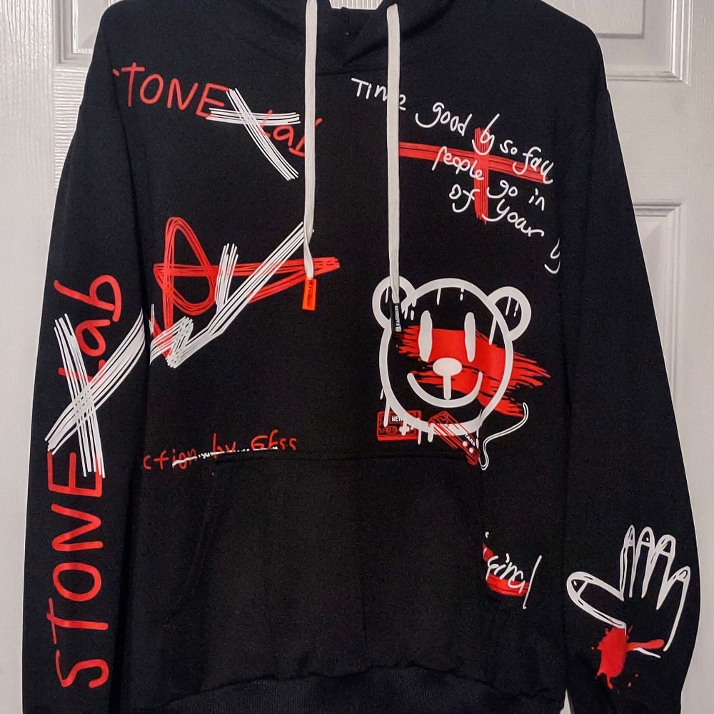 Stone lab pull over hoodie size xs all around graphics black red and white